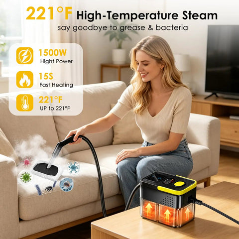 Huitine Portable Steam Cleaner With 1.9 Qt Tank Delivers Powerful High Temp Steam For Stubborn Grease And Dirt On Grout Stovetop And Tiles Ideal For Deep Home Cleaning Maintenance Tasks, woman using steam cleaner on sofa.