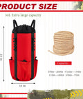 Arborist Rope Storage Bag 30 Liter Bucket Backpack with rope capacity chart and backpack dimensions shown.