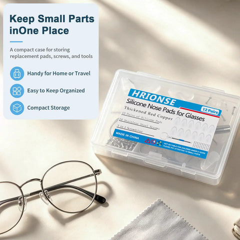 Hella Comfy Universal Silicone Nose Pads For Glasses 12 Pairs With Anti Slip Air Cushions And Micro Screwdriver Kit in storage case with glasses.