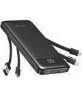 Heavy Duty 10000mAh Power Bank Featuring Reinforced Built In Four Cables For Multi Device Fast Charging And All Day Road Trip Juice To Keep Every Screen Alive on a white background.