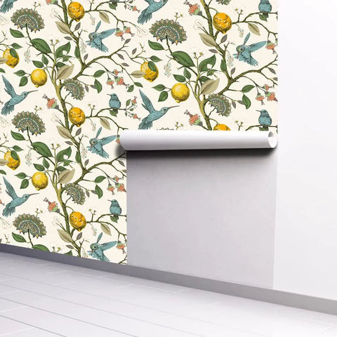 Blue Bird Peel And Stick Wallpaper With Fresh Lemon Tree Pattern Self Adhesive And Removable Waterproof Prepasted Contact Paper For Walls 17.7In By 9.8Ft Matte Textured Finish And Repositionable displayed on a wall.