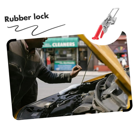 Heavy Duty T-Handle Draw Latch Kit For Car Hoods, showcasing latch use on a yellow car hood. Rubber T-Handle, shock-proof and durable.