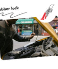 Rubber T Handle Hasp Lock for toolboxes and car hoods with flexible draw latch, shown securing open car hood