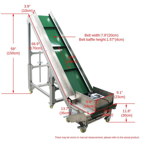 Electric PVC Belt Climbing Conveyor Built Tough For Industrial Use, 110V Power, dimensions with automatic incline visible
