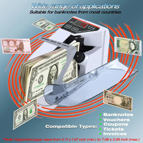 Super Fast Portable Money Counter With Automatic UV And Watermark Detection For Authentic Bill Verification High Speed Cash Counting Machine front view with banknotes.