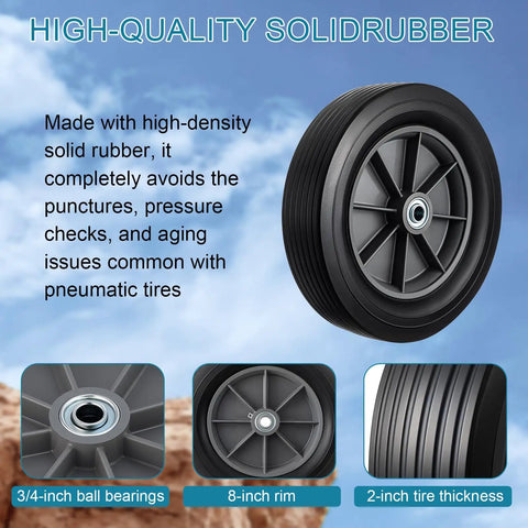 Heavy Duty 2 Pack 12 Inch Flat Free Solid Rubber Wheels 3 4 Inch Swivel Casters Built Like A Tank 1000 Lb Load Capacity features 8-inch rim and 3/4-inch ball bearings.