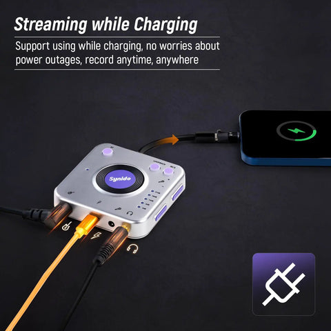 Portable Guitar Audio Interface 24Bit 96kHz USB C Gear With Instrument Gain, connected for streaming while charging setup.