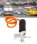 Beefy 48V Underwater Thruster for RC Boats and ROVs, 4000 RPM Aluminum CNC Housing with a 4 Blade Propeller against a marina backdrop