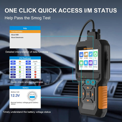 Display of New 2026 12V/24V OBD2 Diesel Diagnostic Scanner for heavy trucks and cars, showing smog readiness and battery voltage.