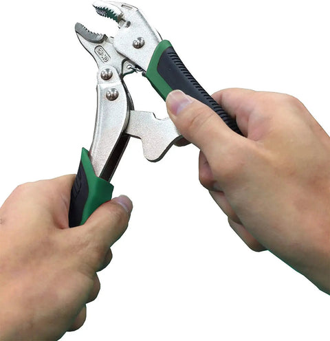 Hands using 7.5 Inch Screw Removal Locking Pliers For Stripped Screws PZ65 With Quick Release And Secure Grip Fits 7.0mm To 12mm
