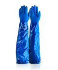 Heavy Duty Elbow Length Pvc Work Gloves With Rough Nonskid Grip Built For The Daily Grind Handles Grease And Slippery Locations Medium Blue Single Pair, showing front view and length.