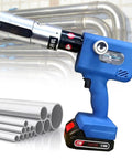 Heavy Duty Electric Tube Pressing Machine With Rechargeable Battery, portable crimping tool for pipe joints, blue handle design.
