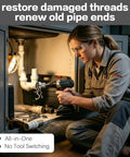 DIY PVC Pipe Threading Kit For Drill With Tape Internal And External Threading Tool One Half Inch Three Quarter Inch One Inch NPT For PVC CPVC ABS Pipes Pipe Thread Cutting And Repair For Home And Garden Irrigation. Woman threads PVC pipe under sink with drill