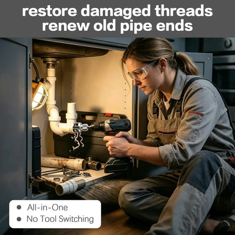DIY PVC Pipe Threading Kit For Drill With Tape Internal And External Threading Tool One Half Inch Three Quarter Inch One Inch NPT For PVC CPVC ABS Pipes Pipe Thread Cutting And Repair For Home And Garden Irrigation. Woman threads PVC pipe under sink with drill