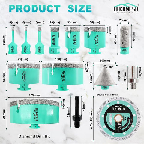 Pro Grade Tile Hole Saw Kit with diamond drill bits for porcelain, ceramic, marble, and stone showing various sizes and features