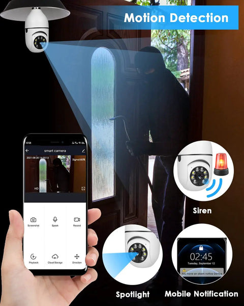 Light Bulb Security Camera With 360 Degree PTZ Wireless Indoor Outdoor WiFi 2 4G Home Surveillance In E27 Base Motion Detection Alarm And Two Way Audio For Real Time Alerts No Fuss Plug And Play Setup