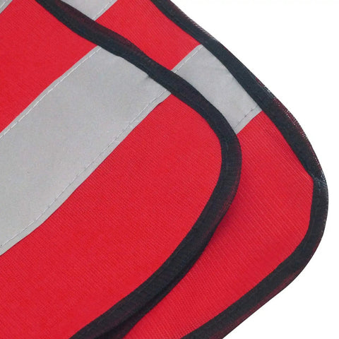 Close-up of Hella Bright Mesh Safety Vest For Kids With Heavy Duty Reflective Strips And Easy Stretch Waistband 5 Pack Neon Red.