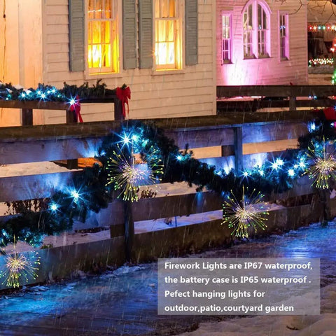 Lit 4 Pack Firework LED Copper Wire Star String Lights With Remote, 8 Modes in festive garden decor on wood fence