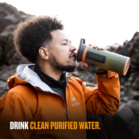 Man drinking from GeoPress 24 Oz Water Purifier Bottle For Hiking Camping Survival And Travel With Easy Fill Press To Drink Filter
