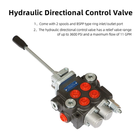 Beefed Up Two Spool Hydraulic Directional Control Valve With 11 GPM Flow, BSPP Ports, 3600 PSI Adjustable Relief displayed