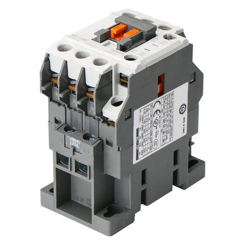 Front view of Beefed Up Heavy Duty Magnetic Contactor 3 Pole 40A Ith With 110/120V AC Coil, DIN rail mount.
