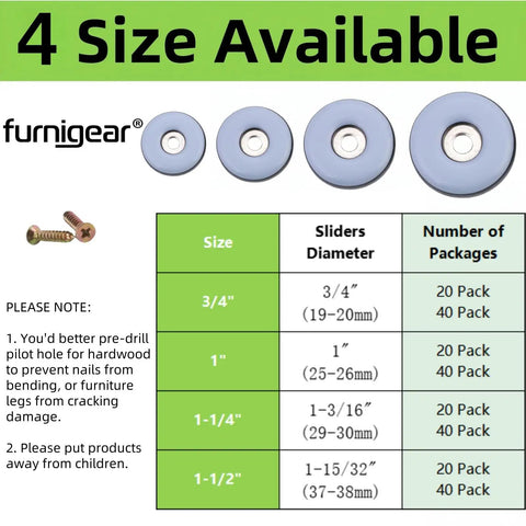 Chart showing 3/4 Inch Screw On PTFE Teflon Furniture Glides For Wooden Furniture, available in multiple sizes.