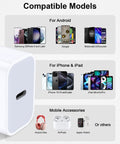 Compatible devices for 20W USB C Fast Charger Block With PD 3.0 For iPhone And iPad, 6Ft USB C Cable Included, with images.