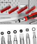 228 Piece Home Tool Kit With Storage Case And Socket Wrench Set showing screwdriver bits and ratchet handle against pegboard.