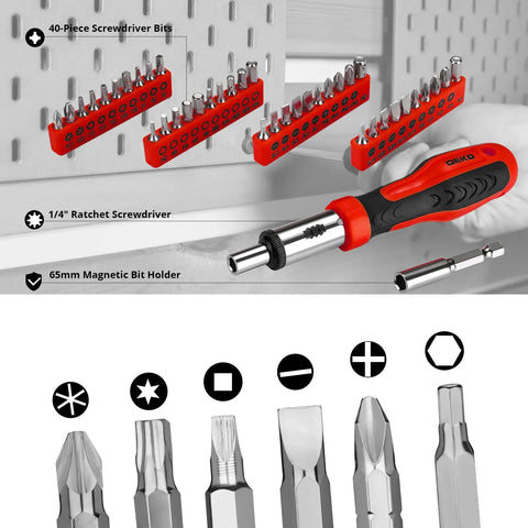 228 Piece Home Tool Kit With Storage Case And Socket Wrench Set showing screwdriver bits and ratchet handle against pegboard.