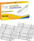 Heavy Duty Tempered Steel Prong Paper Fastener Bases 100 Pack Fits Standard Two Hole Punches Built Damn Tough For Zero Hassle Binding And Rock Solid Document Organization Pro Office Ready on display with packaging and clips.