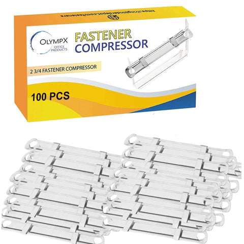 Heavy Duty Tempered Steel Prong Paper Fastener Bases 100 Pack Fits Standard Two Hole Punches Built Damn Tough For Zero Hassle Binding And Rock Solid Document Organization Pro Office Ready on display with packaging and clips.