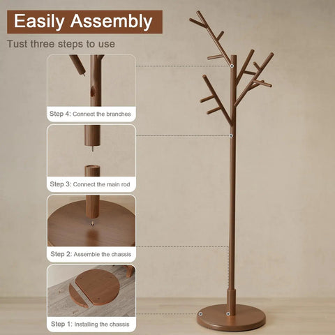 Assembly guide for Solid Wood Coat Rack Freestanding Tree With 12 Hooks And 3 Height Levels Adjustable Coat Stand For Entryway Or Bedroom A Real Game Changer For Coats Hats Bags And Scarves Walnut Finish.