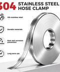 DIY Stainless Steel Hose Clamps Kit With 32.81 Ft Adjustable Strap And 20 Heavy Duty Worm Gear Fasteners, Includes 8.5 Inch Tin Snips, Rust-Proof 304 Stainless Steel For Plumbing Auto Fuel Line And Marine Repairs shown with durable 304 stainless steel material and features.