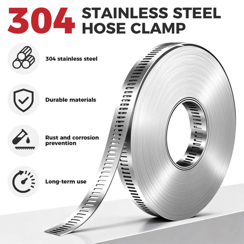 DIY Stainless Steel Hose Clamps Kit With 32.81 Ft Adjustable Strap And 20 Heavy Duty Worm Gear Fasteners, Includes 8.5 Inch Tin Snips, Rust-Proof 304 Stainless Steel For Plumbing Auto Fuel Line And Marine Repairs shown with durable 304 stainless steel material and features.