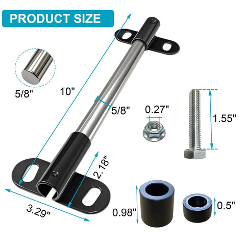 Hardcore Heavy Duty Wheelbarrow Axle Bracket Kit With Solid Five Eighth Inch Shaft And Bulletproof Steel Brackets Pom Gaskets Plus Complete Bolt And Nut Set For Stress Free Yard Work showing 10 inch solid axle, brackets, and mounting hardware sizes.