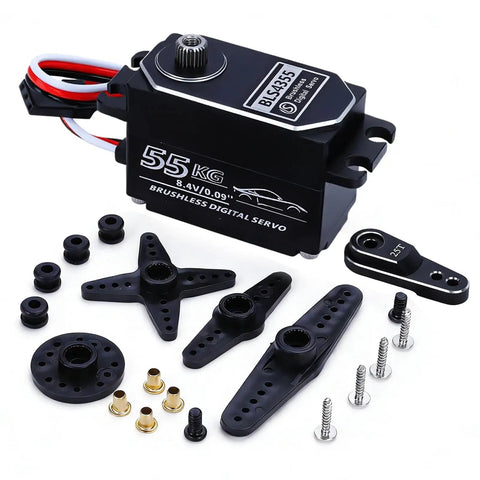 Low Profile Programmable Brushless Digital Servo For 1/10 Scale Drift Cars, 55kg Torque, with accessories and full metal gears.