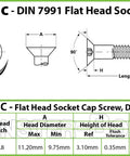 Technical diagram of Hella Tough M5 x 15mm Flat Head Socket Cap Screws DIN 7991 showing dimensions and specifications.