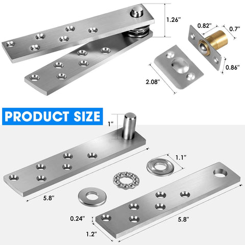Rock Solid Heavy Duty Hidden Pivot Door Hinge Featuring Dead Smooth 360 Degree Ball Bearing Rotation For Secret Pantry Closet Doors, size details shown.