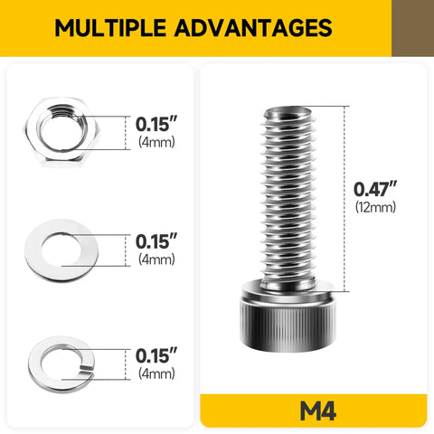 Tough As Nails M4 Screw Bolt Kit Featuring 100 Pieces Of 304 Stainless Steel Hex Socket Cap Bolts and matching nuts and washers.