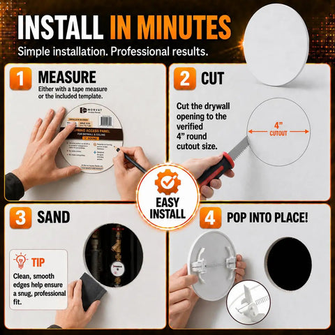Installation steps for Round Spring Access Panel For Drywall And Ceiling, showing measuring, cutting, sanding, and popping into place.