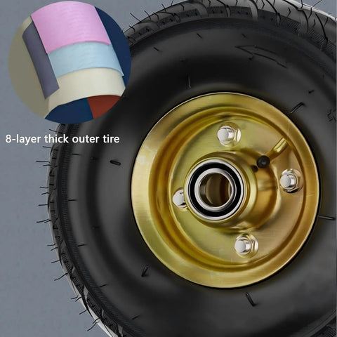 Close-up of 10 Inch Pneumatic Rolling Plate Casters Wheels With Durable Rubber Knobby Tread Quiet And Sturdy 2 Pack For Furniture