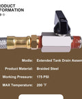 Extended Tank Drain Assembly ten inch flexible braided steel tube and one quarter inch valve drain elbow fitting for air compressors