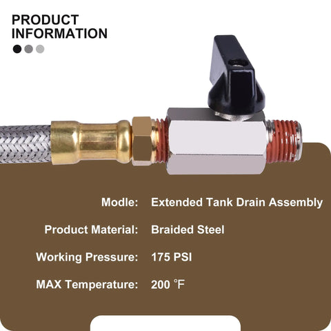 Extended Tank Drain Assembly ten inch flexible braided steel tube and one quarter inch valve drain elbow fitting for air compressors