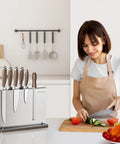 Stainless Steel Magnetic Knife Holder Rack With Wood Base For Kitchen Countertop Double Sided Magnets Storage Stand Keeps Knives Secure Holds Up To 8 Inch Blades And Looks Sweet On The Counter