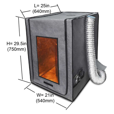 Resin 3D Printer Enclosure With Adjustable Vent Kit For Odor Control And UV Blocking Window See Through Design, dimensions labeled