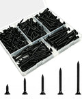 Open box of Go-To Drywall Screws Kit With 220 Black Wood Screws In 5 Sizes, shown in compartments, for Sheetrock and picture frames.