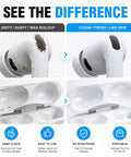 Comparison of dirty vs clean AirPods and case using 3 In 1 Earbud Cleaning Kit For AirPods Pro 3 2 1 With Metal Tip Soft Brush Flocking Sponge And Cleaning Tool For Wireless Earbuds Charging Case Keyboard And Everyday Electronics.