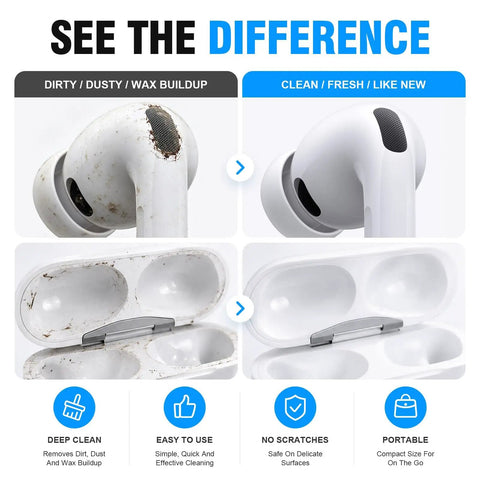 Comparison of dirty vs clean AirPods and case using 3 In 1 Earbud Cleaning Kit For AirPods Pro 3 2 1 With Metal Tip Soft Brush Flocking Sponge And Cleaning Tool For Wireless Earbuds Charging Case Keyboard And Everyday Electronics.