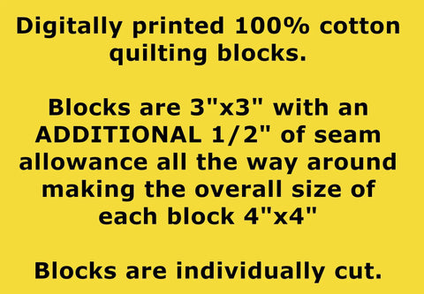 Four Piece Cardinals Cotton Fabric Panel Blocks For Quilting And Sewing, Each Block About 3 By 3 Inches With A One Half Inch Seam Allowance For Finished 4 By 4 Inches, Digitally Printed In The USA On 100 Percent Cotton. printed size details