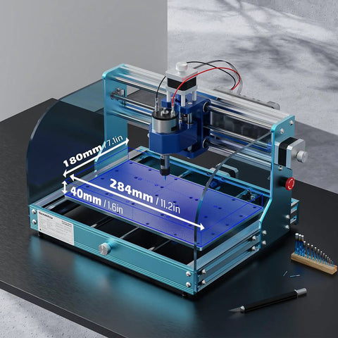 3018 ProVer V2 Desktop CNC Milling Machine For Beginners With Limit Switches and Emergency Stop on workbench